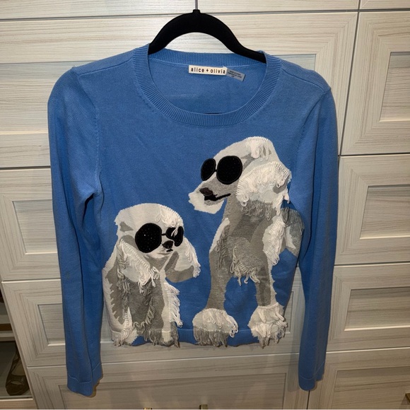 Alice + Olivia Connie Poodle Intarsia Sweater Sky Blue Small - Picture 6 of 13
